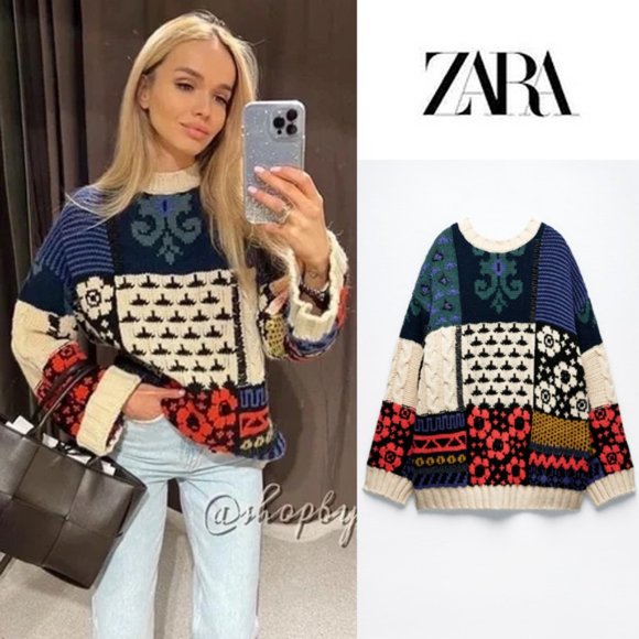 NEW Zara Patchwork Wool Blend Beaded Applique Oversize Limited Edition Sweater M - Picture 12 of 16